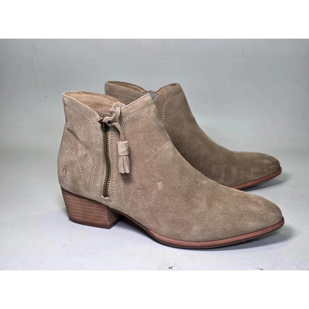 Hush Puppies Women's Ankle Boots Size 8 Brown Beige Suede Shoes Heel Zip Tassel‎